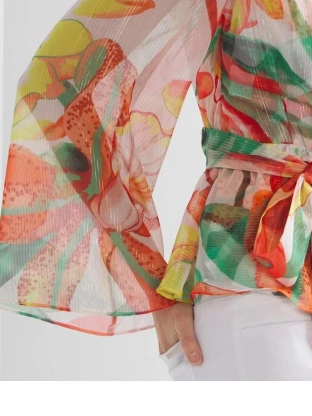 White House Black Market V-Neck Sheer Floral Top - Orange, Green, Red, Cream - Picture 2 of 12